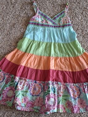 Girls' Multicolor Tiered Sundress with Floral Trim